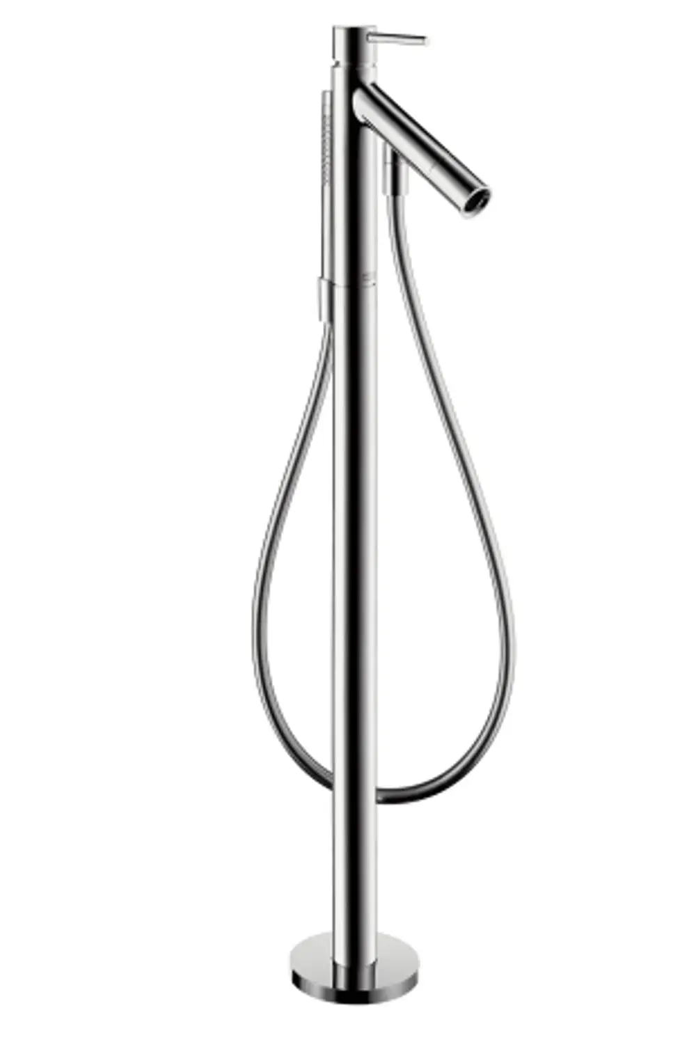 Bodenstehender Wannenmischer aus Chrom von AXOR mit einem schlanken Design und einem seitlichen Griff für die Bedienung. Flexibler Schlauch für zusätzlichen Komfort.